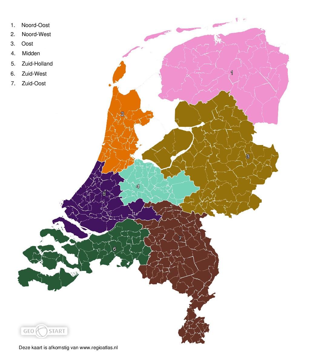 Afbeelding van de regiokaart van Nederland Afbeelding van een kaart van Nederland waarbij Nederland is verdeeld in 7 regio's: Noord, Midden-Oost, Midden, Zuid-Oost, Zuid-West, West, Noord-West