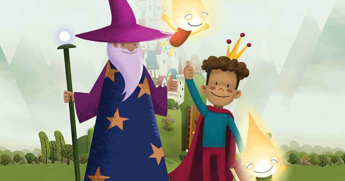 Afbeelding van hoe het woordspel Letterprins eruit ziet. Je ziet een tovenaar en Letterprins, een jongetje met een kroon en een rode cape. Op de achtergrond zie je een kasteel.